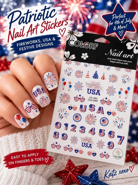colorf Other - Patriotic Nail Art Stickers USA Fireworks 4th July Red White Blue Nail Decals